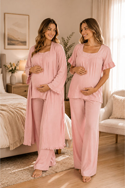 by İGP Soft Muslin Fabric Maternity Pajama Set with Dressing Gown Effortt
