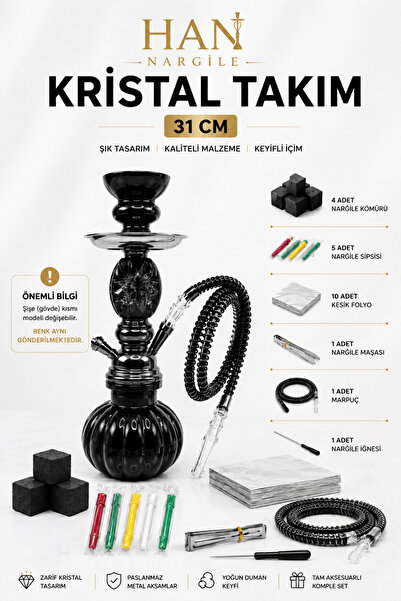 Han Tobacco Kristal Nargile Takımı 32 cm – Komple Set, 7 Parça Hediye, Cam Na...