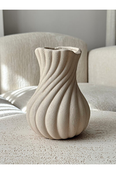 AYSA HOME DECOR Nuvia Seramik Dokulu Bej Vazo (21 x 15 cm)