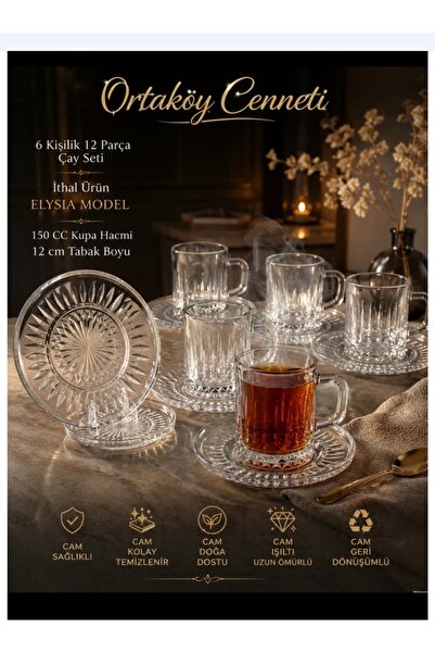 ORTAKÖYCENNETİ Tea N.Coffee Glass Mug Set for 6 People 12 Pieces Elysia Model...