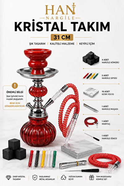 Han Tobacco Kristal Nargile Takımı 32 cm – Komple Set, 7 Parça Hediye, Cam Na...