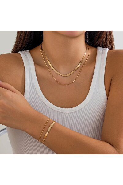 Choice Gold Color Set 2Pcs Goth Multilayer Flat Snake Chain Necklace Bracelet...