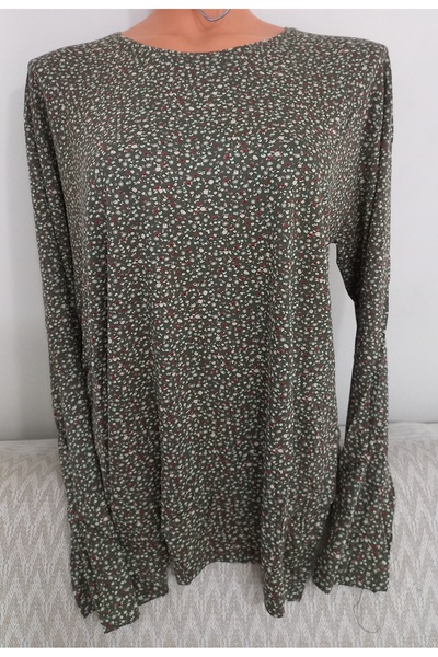 Anne Er Clothing Combed Cotton Blouse Long-Sleeve Crew Neck Green Floral