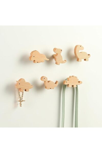 GENERAL ALMEKAQUZ 6Pcs Wooden Wall Hooks – Dinosaur Coat Hook Set, Natural Wo...