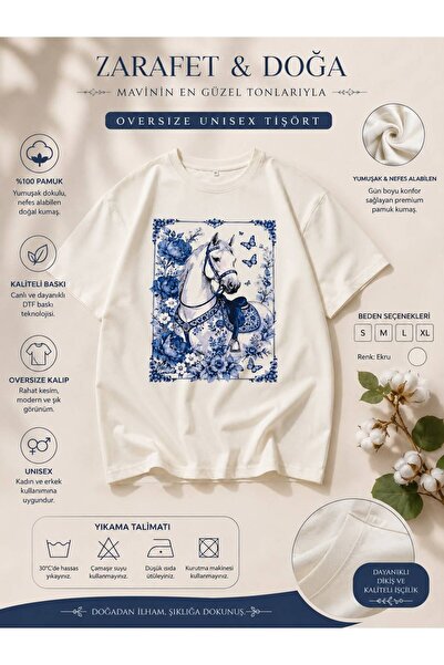 ELYATIMELESSWEAR Unisex Oversize At Baskılı Tişört – Mavi Çiçek ve Kelebek De...