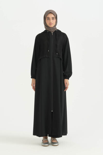 Nihan Sequin Mesh Detailed Ferace - Black