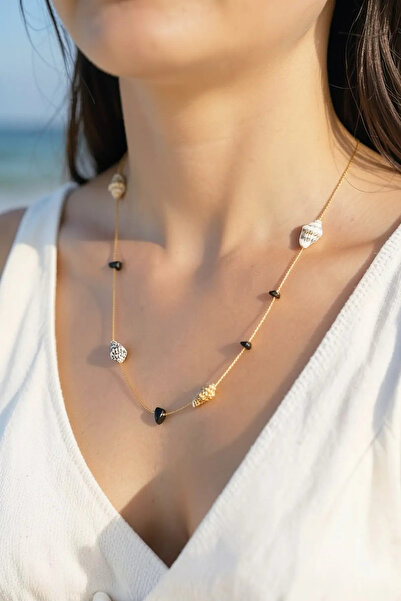 PRVT Gold Color Shell and Stone Figured Necklace