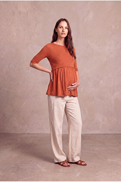 WESTMARK LONDON Maternity Viscose Cinnamon Melange Half Sleeve Crew Neck Blou...