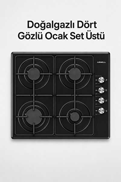 AdGaz Dört Gözlü Ocak Gaz Emniyetli Çakmaklı Siyah Doğalgazlı Set Üstü 60x50 cm
