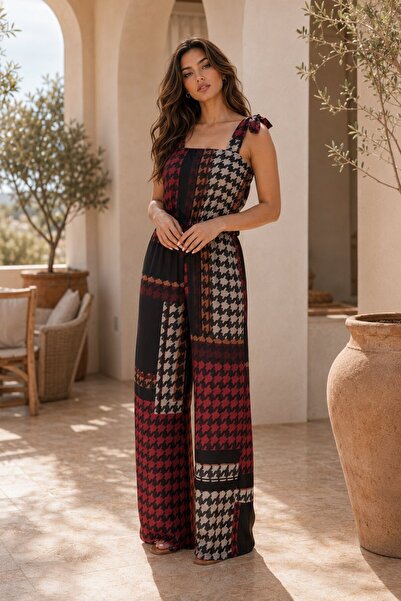 ileenofficial Kazayağı Desenli İçi Astarlı Şifon Tulum