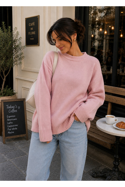 DepoExport Women's Oversize Crew Neck Soft Textured Knit Sweater
