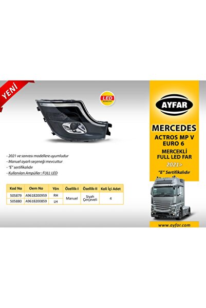 AYFAR MERCEDES ACTROS MP V-EURO 6 FAR SAĞ MERCEKLİ SİYAH ÇERÇEVELİ - FULL LED...