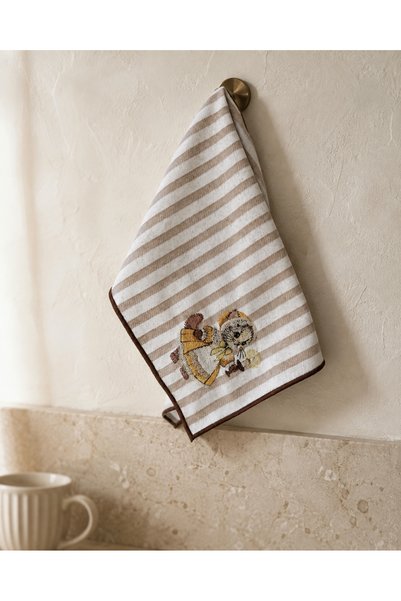 LİONYA DESİGN Vintage Cat Embroidered Decorative Hand Towel – 100% Cotton, Striped Linen Texture (30X45 cm) – 1 Piece