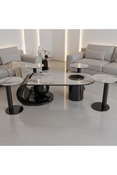 GLAMOURE HOME طقم طاولات قهوة وضيافة مودرن بتصميم متداخل يجمع بين القواعد الأسطوانية والمنحنية (طقم مكوّن من 5 قطع).