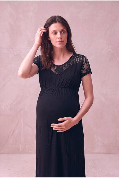 WESTMARK LONDON Maternity Viscose Blended Black Short Sleeve Lace Detailed Crew Neck Gathered Midi Dress Lillian