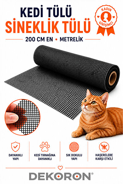 DEKORON Kedi Tülü Sineklik Tülü 200 cm En Güçlendirilmiş Pet Tülü Metrelik Siyah
