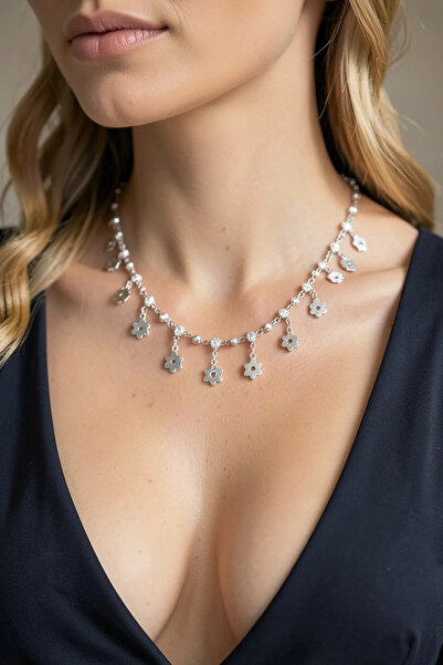 PRVT Silver Color Flower Figured Stone Necklace