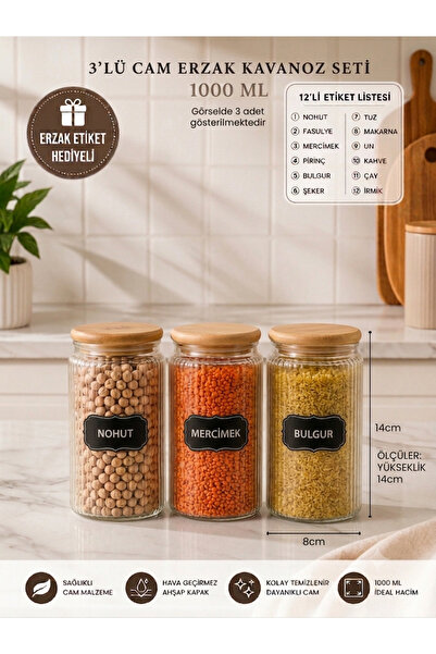 Glass&Grace 3'lü 1000 ML Ahşap Kapaklı Çizgili Cam Kavanoz Seti – Modern Tasa...