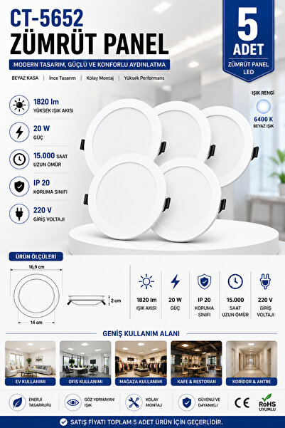 Yenilig 5 Adet CT-5652 Zümrüt Panel LED 20W 6400K Beyaz Işık Beyaz Kasa – 16,...