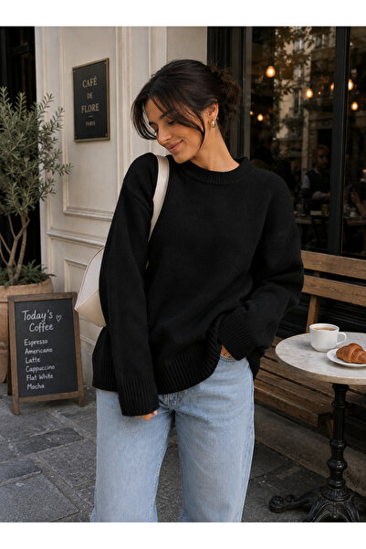 DepoExport Women's Oversize Crew Neck Soft Textured Knit Sweater