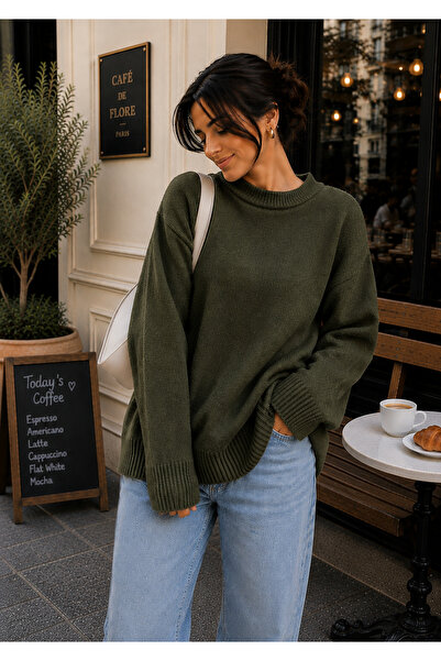 DepoExport Women's Oversize Crew Neck Soft Textured Knit Sweater