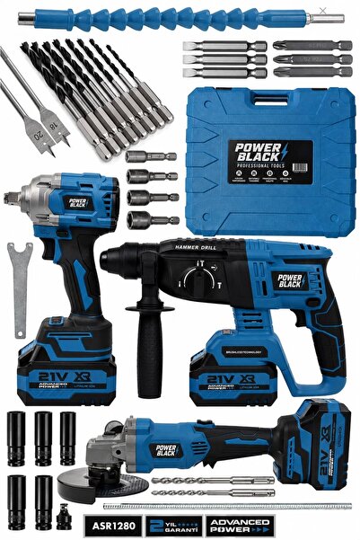 POWER BLACK GÜÇLÜ PRO 21V 3 LÜ SET ŞARJLI KIRICI DELİCİ HİLTİ + TAŞLAMA MAKİN...