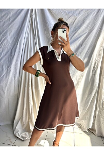 Gözde Tasarım Butik Women's Brown Polo Collar Ribbed A-Line Sleeveless Combed...