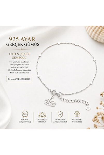 925 Ayar Gümüş Lotus Çiçeği Figürlü Pullu Kadın Halhal Gümüş Renk 24 cm