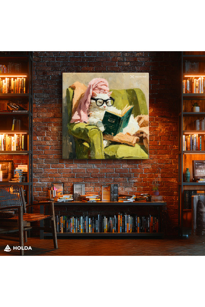 HOLDA Props Kanvas Tablo Kitap Okuyan Kedi Hayvan Temalı Tablo Duvar Dekorasyonu