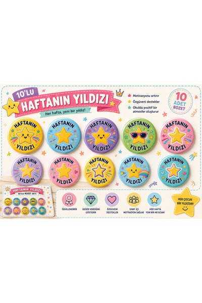 Redbutton 10’lu Haftanın Yıldızı Öğrenci Rozeti – İğneli Yaka Rozeti – Sınıf ...