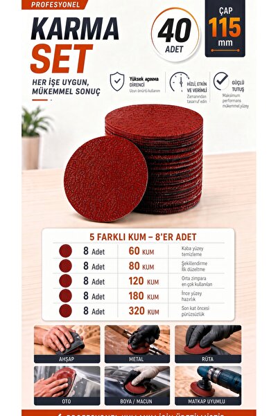 NEXTRA 40 Adet 115 mm Cırtlı Zımpara Disk Seti Karma (8x60 / 8x80 / 8x120 / 8...
