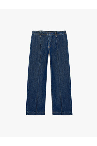 Koton Regular Waist Pocketed Buttoned Wide Leg Ribbed Denim Trousers - Culott...