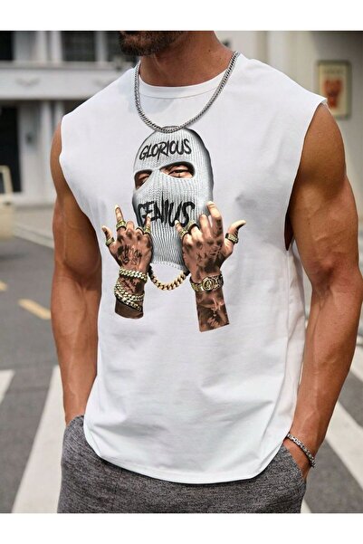 classy moda Men's Streetwear Street Fashion Oversized Printed Zero Sleeve Tan...