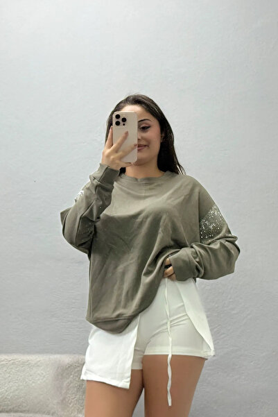 BELENDİR Women's Sleeves Stone Detail Modal Sweat Khaki