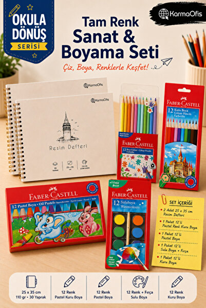 Faber Castell 25x35 cm 110 gr Bloc de desen spiralat Set de 12 vopsele uscate...
