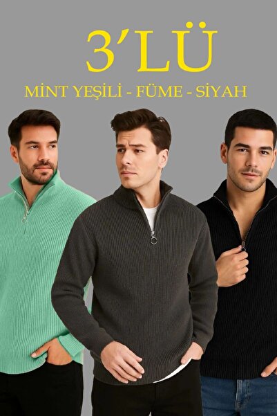 VELİZADE Men's Polo Collar Ribbed Zippered Knitwear Sweater Set of 3 Soft Thi...