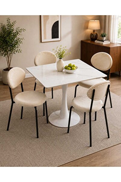 TrentonGCC Modern 4-Piece Dining Table Set with 4 Chairs – White Marble Top, ...