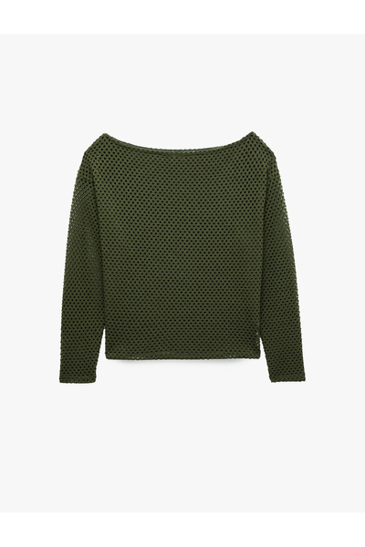 Koton Textured Mesh Long Sleeve Boat Neck Oversized Blouse