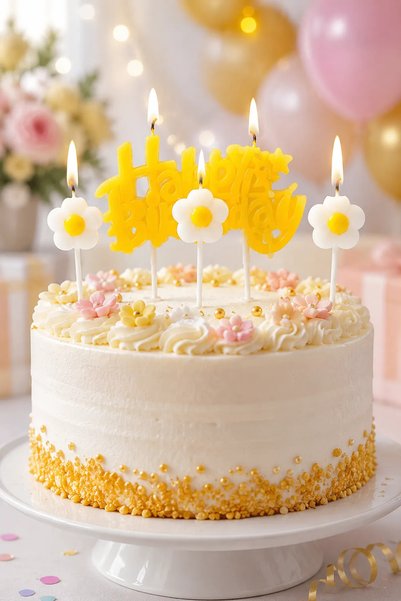 Atölye Mi Papatya Tema Mum Seti Happy Birthday Yazısı ve Papatyalar 4lü Mum S...