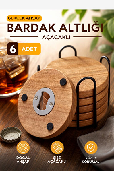 Yuvora Ahşap Bardak Altlığı 6'lı Set Ahşap Şişe Açacaklı Stantlı Bardak Altlı...