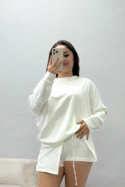 BELENDİR Women's Sleeves Stone Detail Modal Sweatshirt White