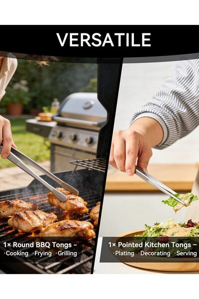 TERRIFI 2-Piece Kitchen Tongs, for Cooking and Precise Grilling, 304 Stainless Steel Body with a Straight Tip Design, 30.5 cm Long.