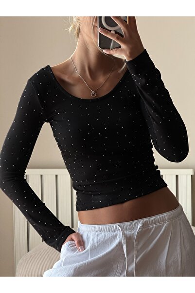 Genel Markalar Kadın Beyaz Taşlı Uzun Kollu Crop Bluz Esnek Fit Şık Top