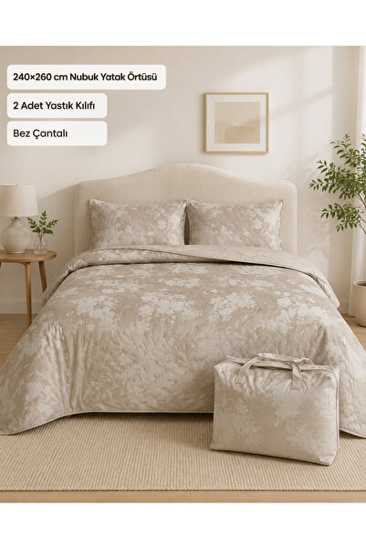 la lune home Elegans Nubuk Çift Kişilik Yatak Örtüsü Seti 240x260 cm 2 Yastık...