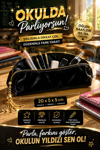MAKE BAG BLACK VELVET- SİYAH KADİFE GOLD FERMUARLI OKUL KALEMLİĞİ