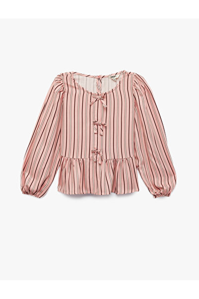 Koton Bow-Tie Loose Fit Crew Neck Long Sleeve Striped Viscose Blouse