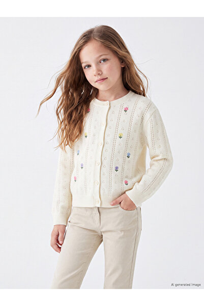 LC Waikiki Lcw Kids Ecru Knitwear Floral Cardigan for Girls with Nevavm Diffe...