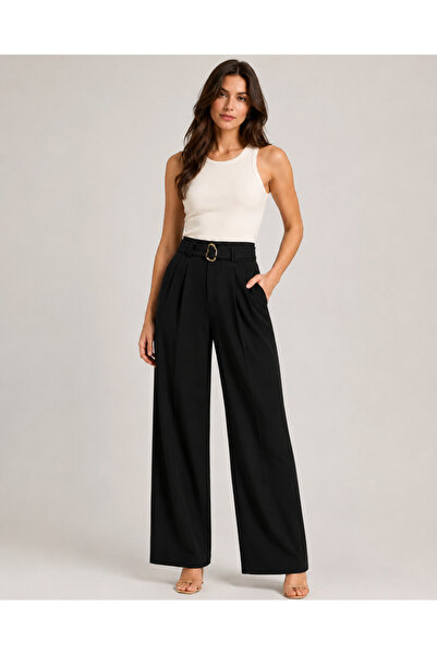 De Carte Women's High Waist Belted Modal Fabric Palazzo Trousers with Pleated...