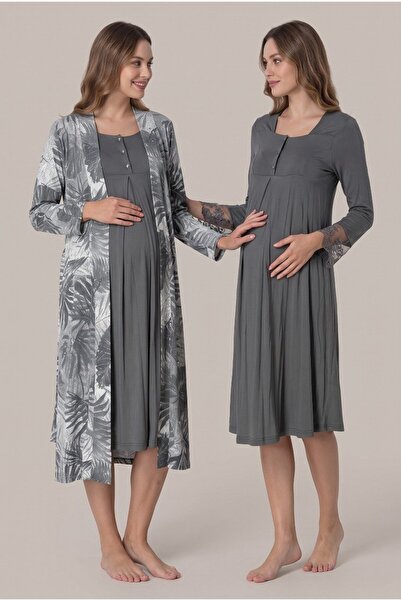 Pelin Women's Smoked Patterned Long Sleeve Lace Robe Maternity Nightgown Robe...