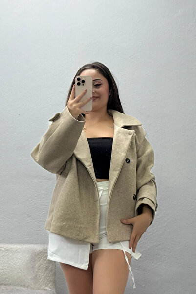 BELENDİR Women's Stand Collar Lined Imported Cashmere Coat Beige